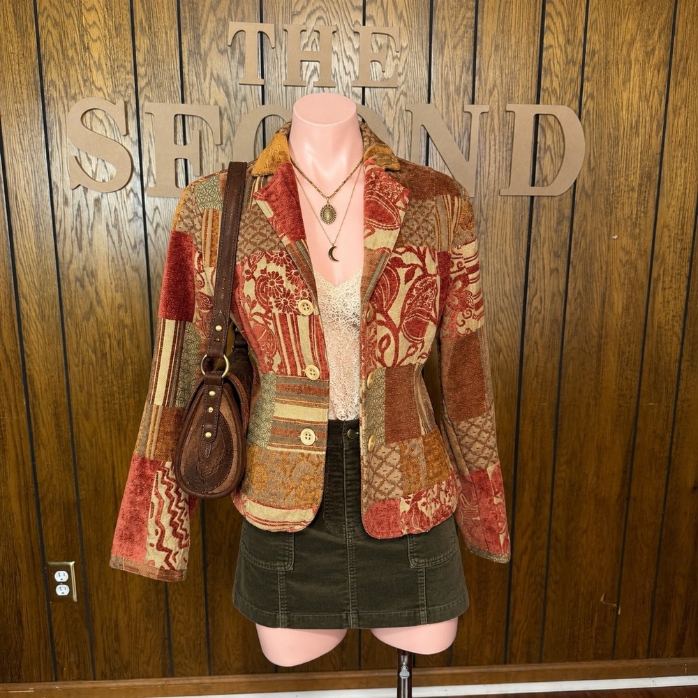 Orange Brown Patchwork Tapestry Blazer ELCC Women L Whimsigoth Boho Retro Artsy